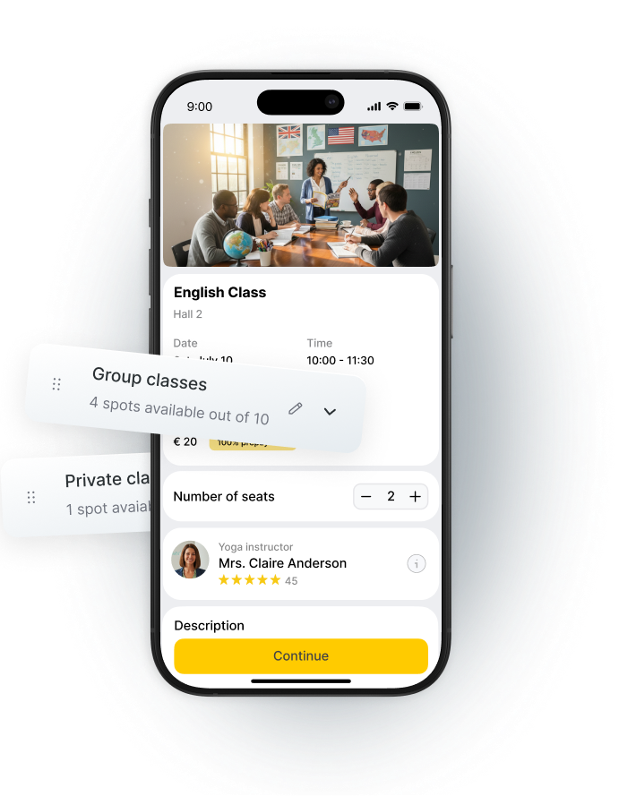Mobile app interface showing English class details and available spots for group and private classes.